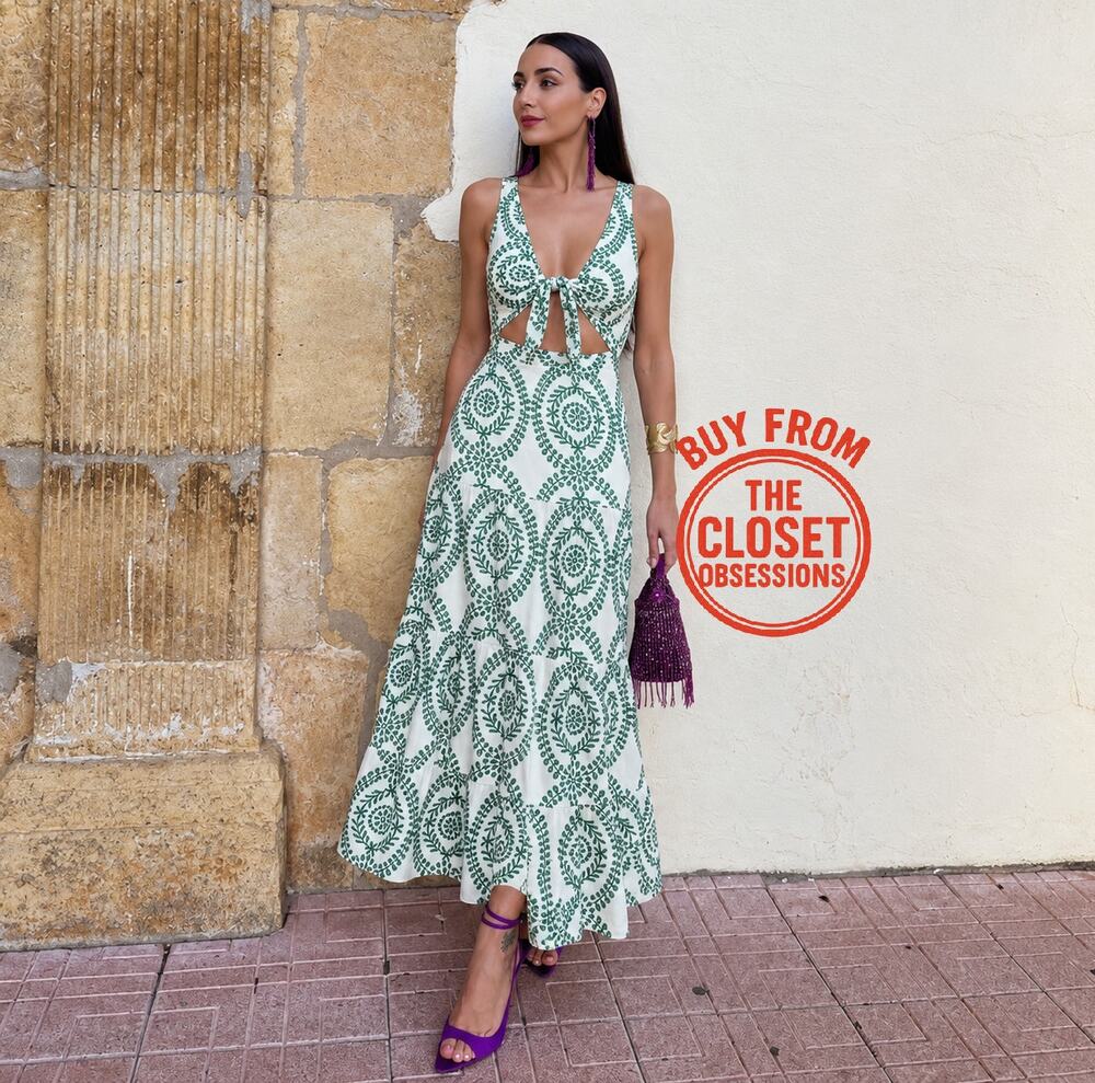 Zara NWT Green White Front Knot Cutout Midi Dress Resort Vacation M L